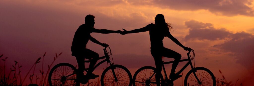 bicycles, couple, silhouettes